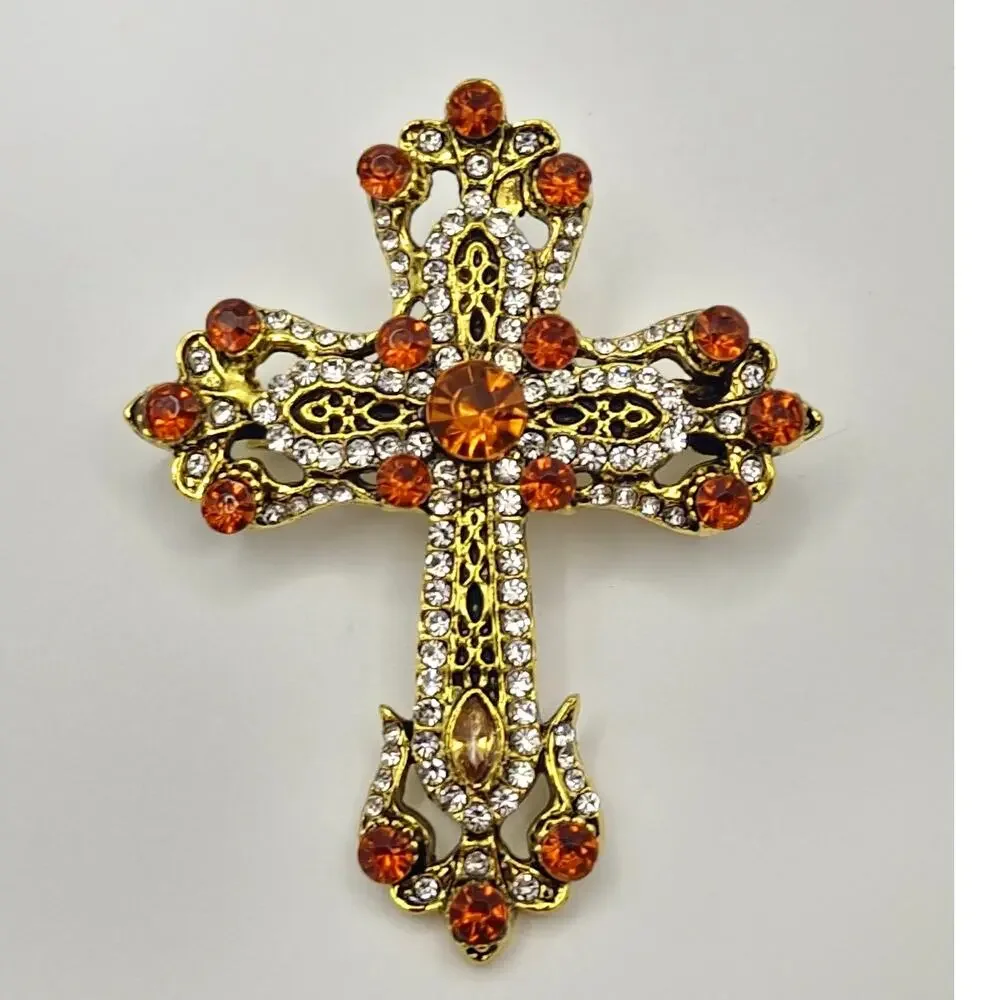 Ornate Rhinestone Cross Brooch Amber & Clear Rhinestones Beautiful